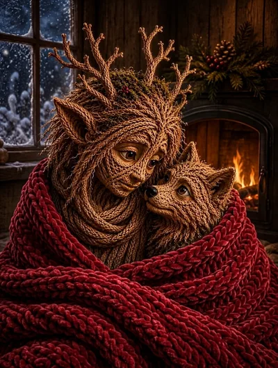 Knitted Forest Spirit and Fox Sitting by Fireplace