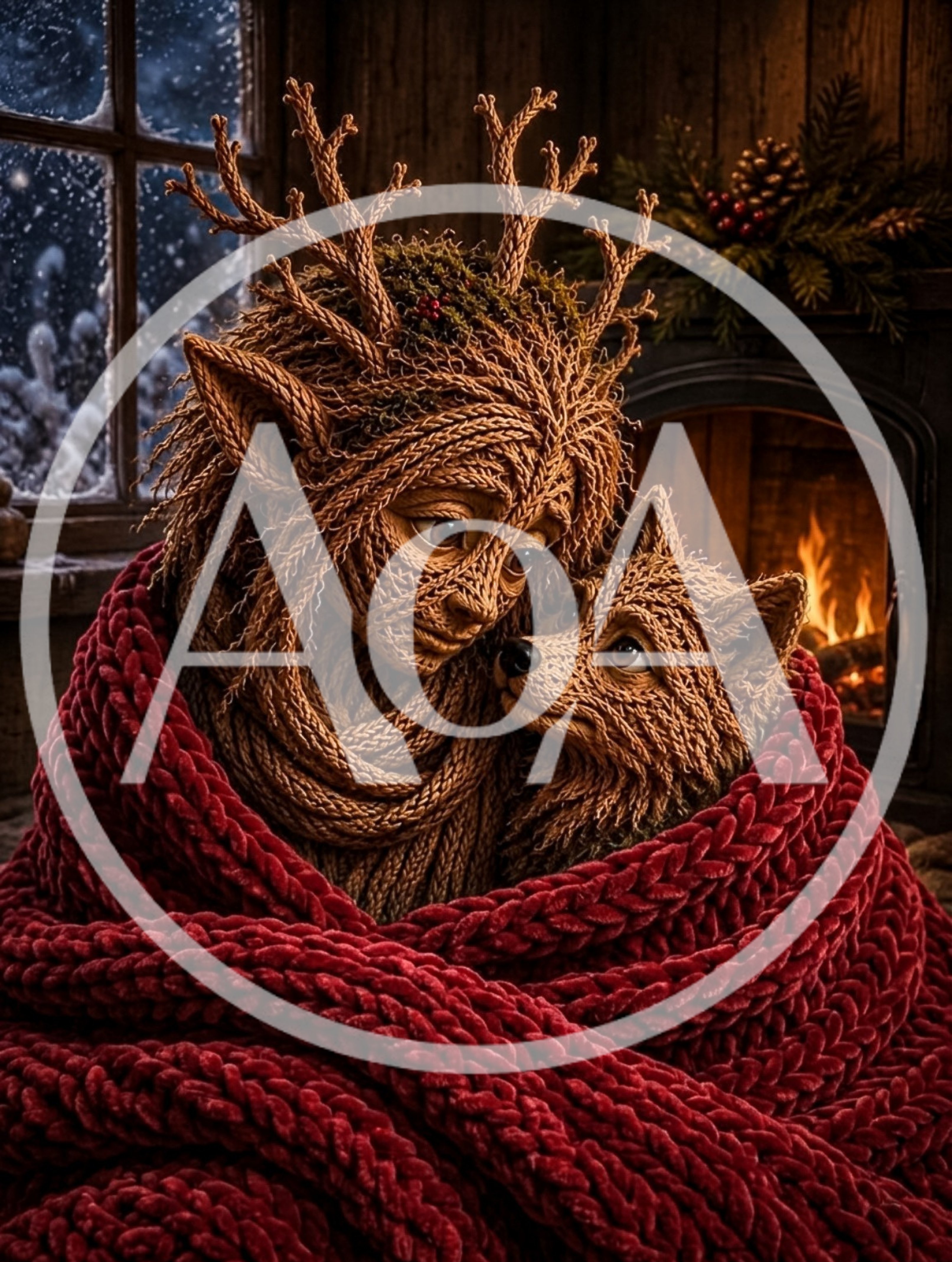 Knitted Forest Spirit and Fox Sitting by Fireplace