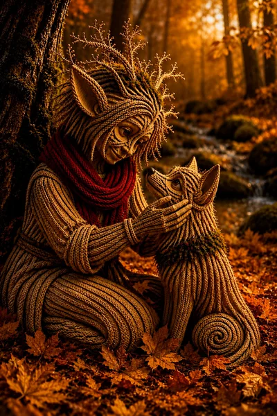 Knitted Forest Creature Petting A Knitted Wolf