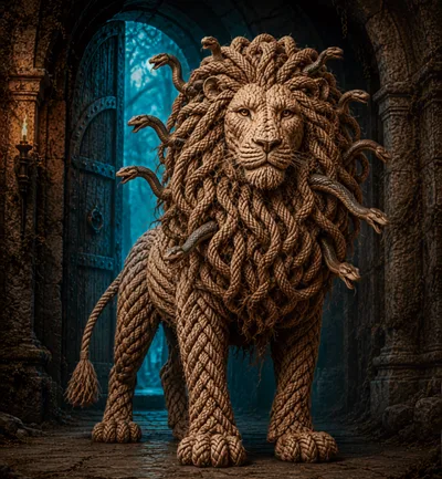 Rope Lion Sculpture With Snake Mane In Stone Archway