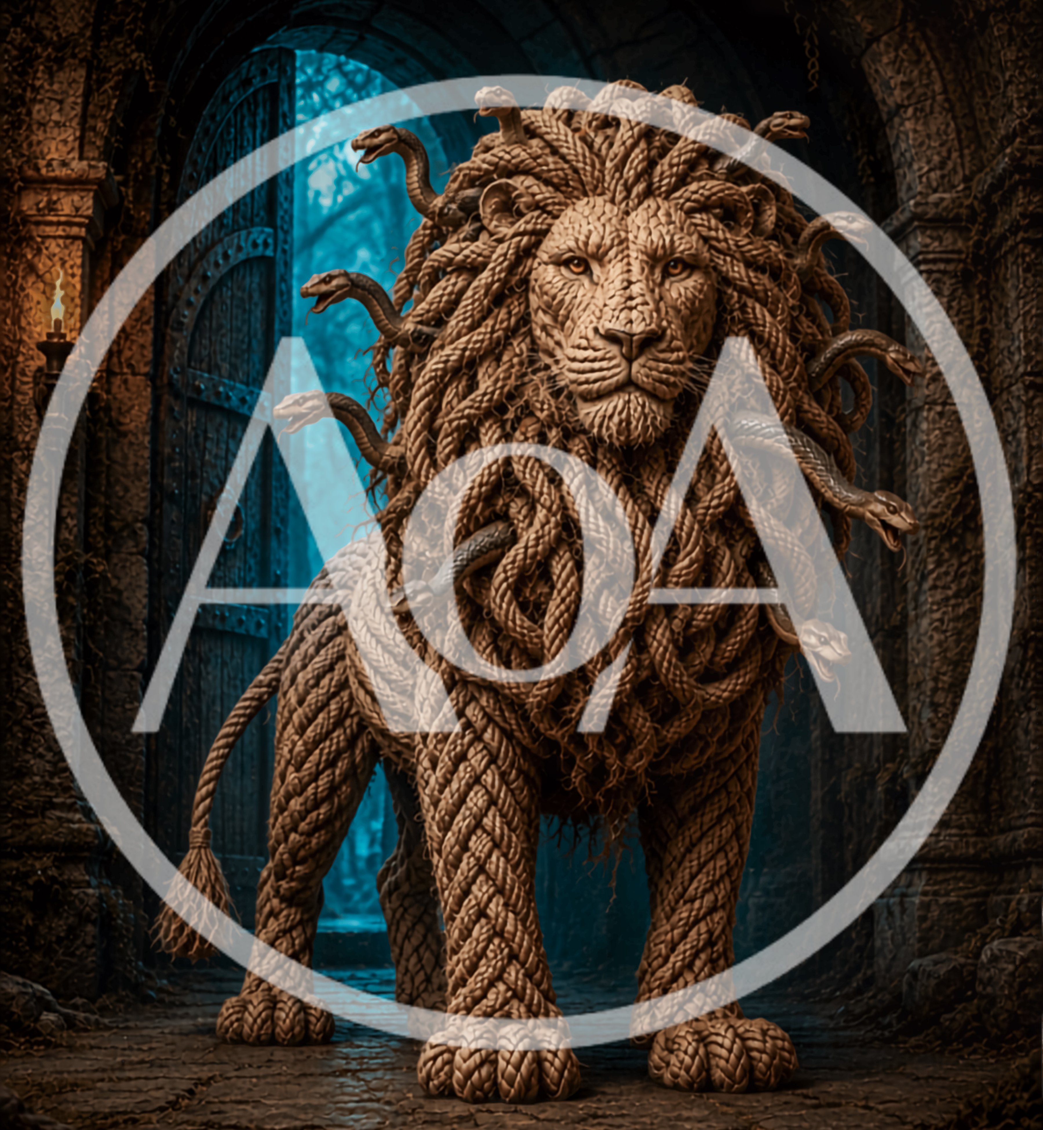 Rope Lion Sculpture With Snake Mane In Stone Archway