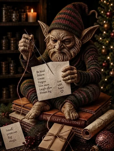 An Old Elf Sewing New Year Resolutions