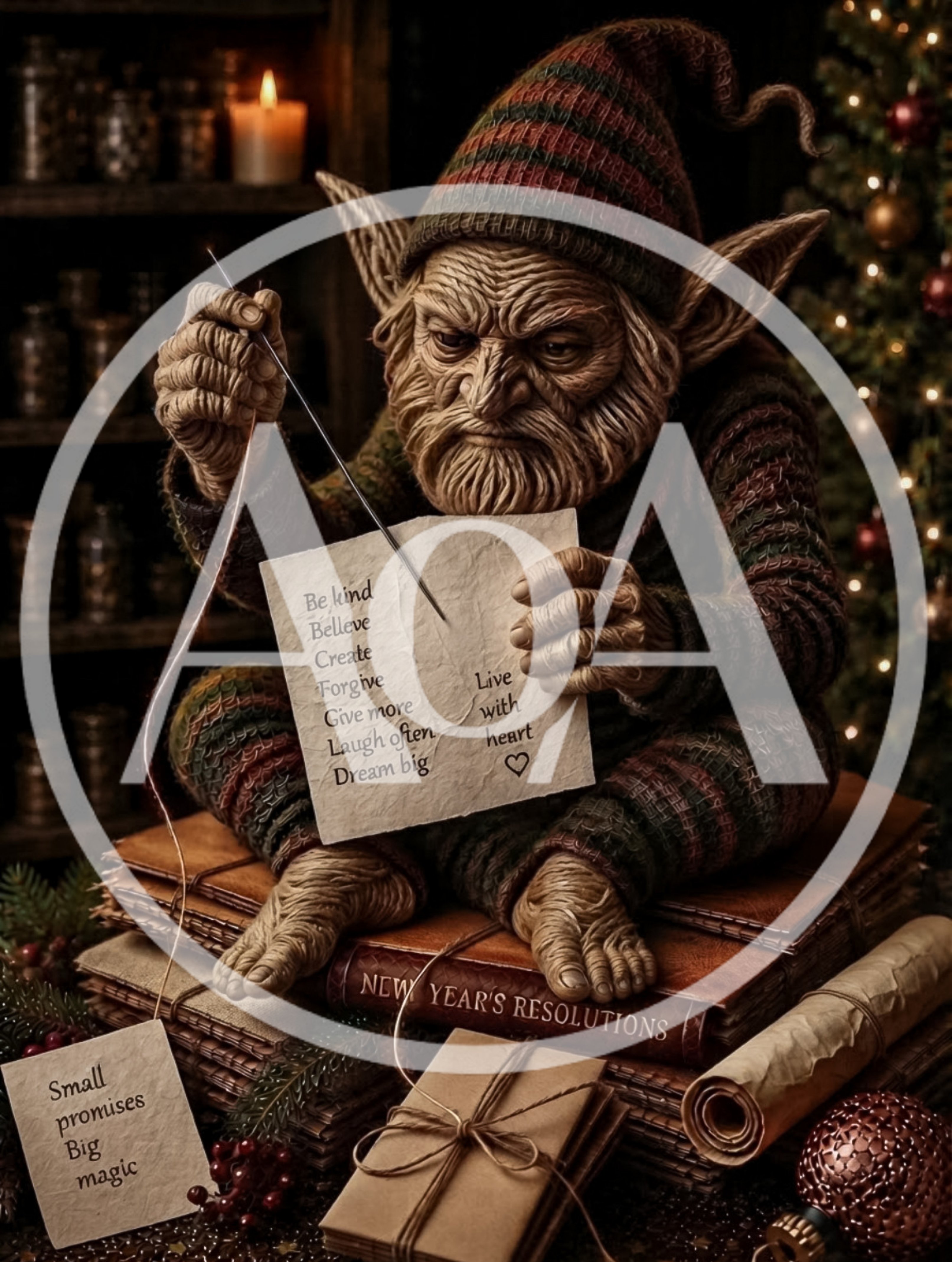 An Old Elf Sewing New Year Resolutions