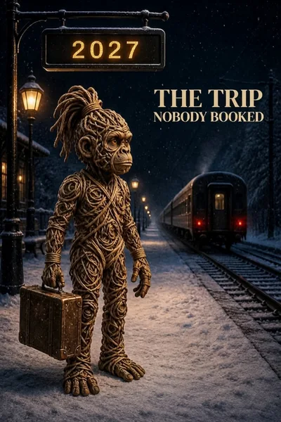 Surreal Rope Monkey Character Standing At Snowy Train Station