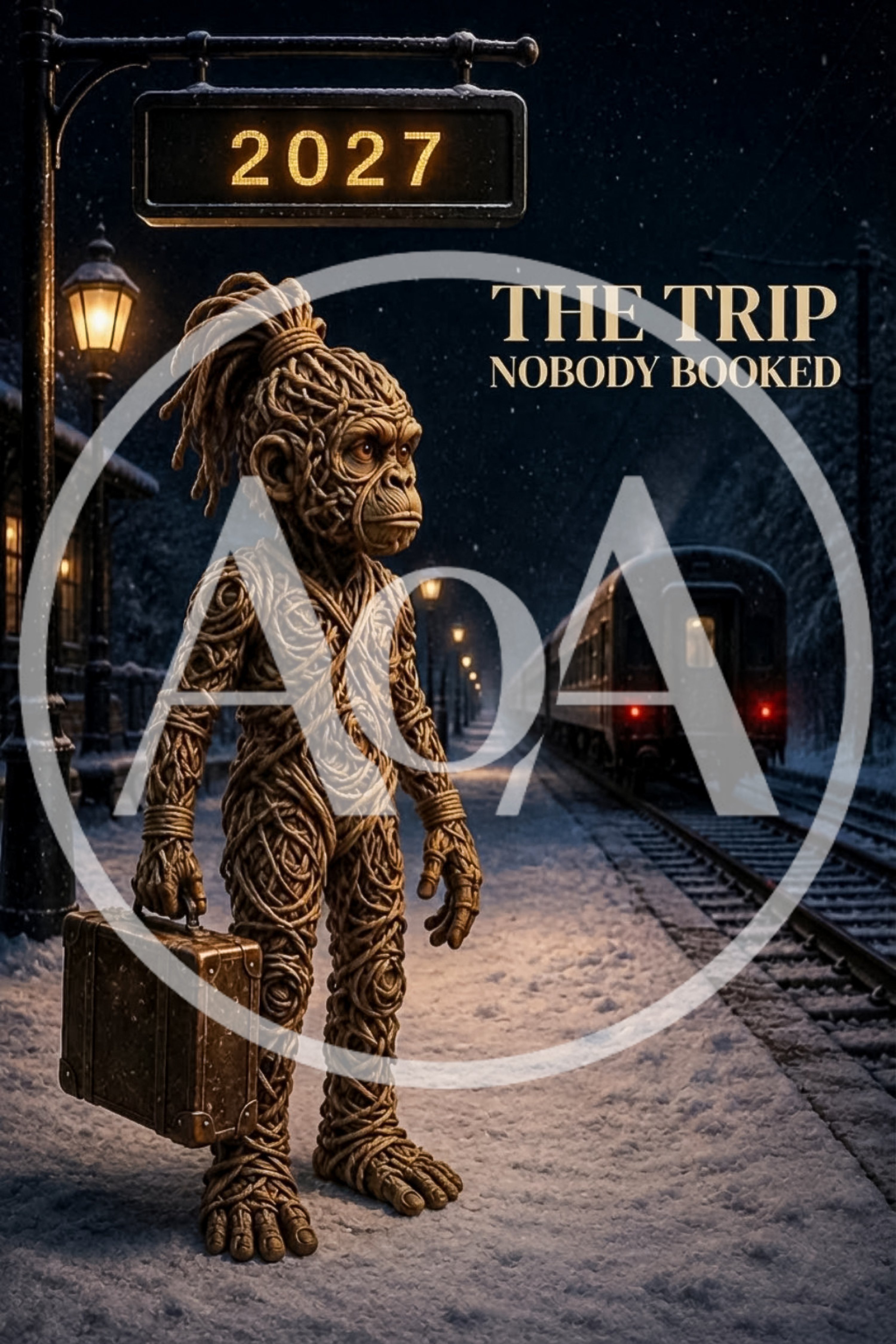 Surreal Rope Monkey Character Standing At Snowy Train Station