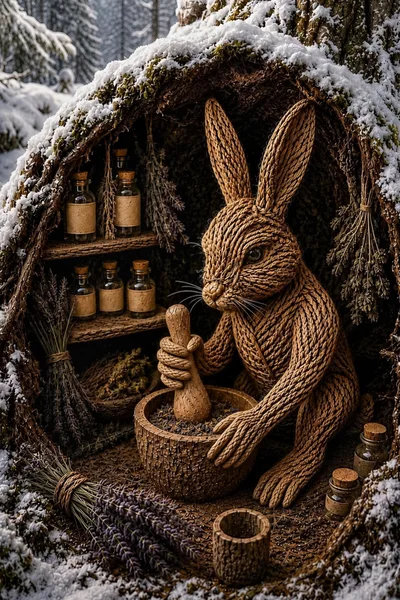 Knitted Rabbit Preparing Herbs In A Snowy Tree Hollow