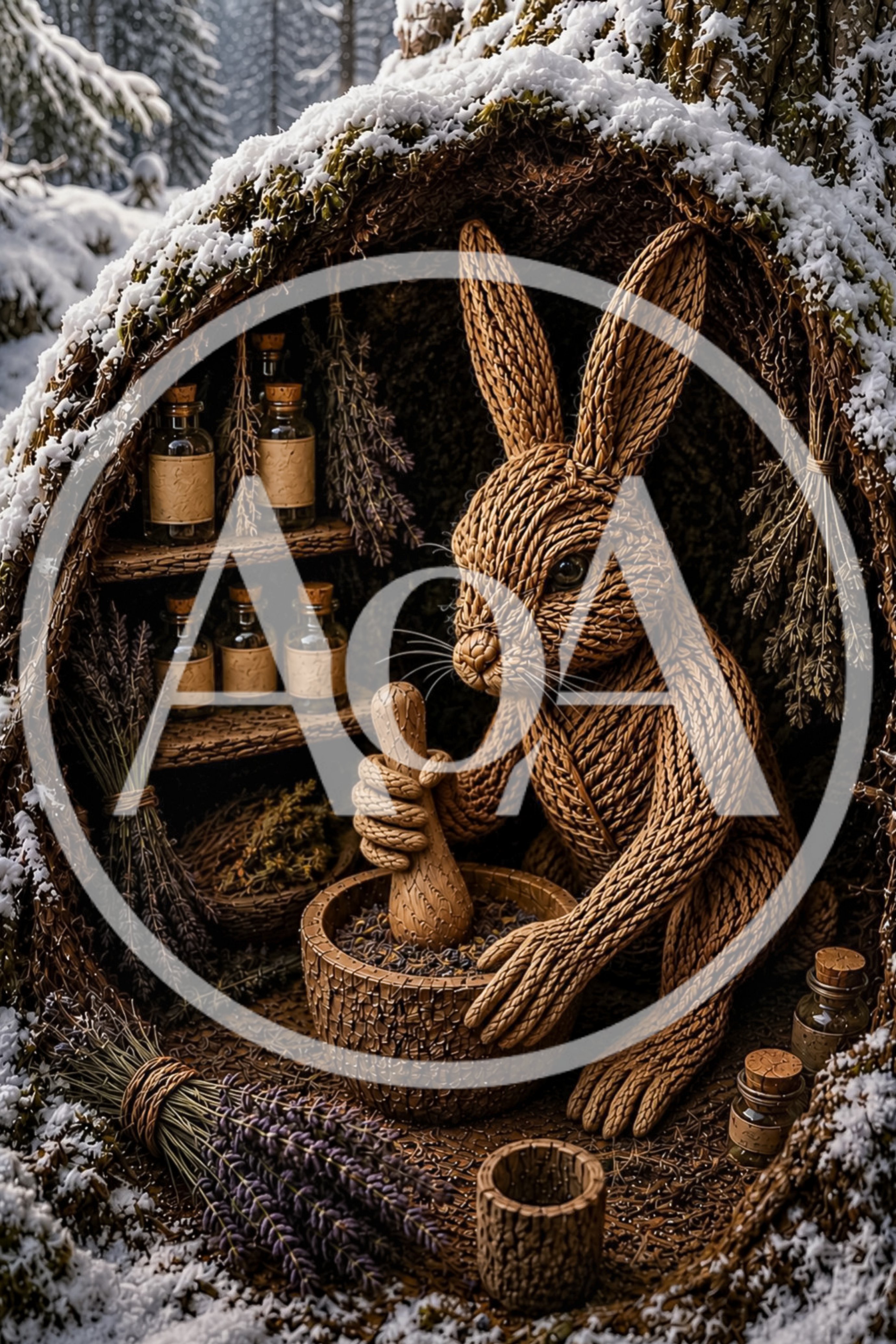 Knitted Rabbit Preparing Herbs In A Snowy Tree Hollow