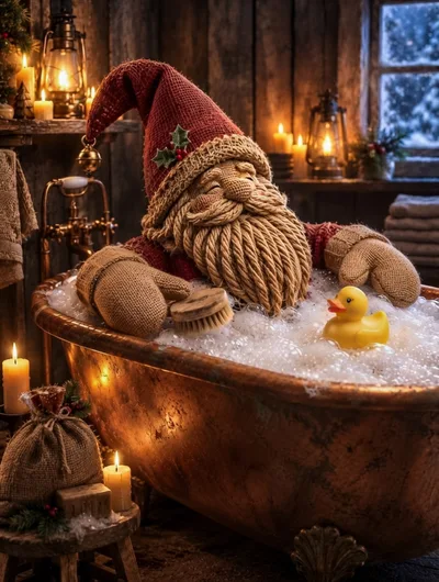 Knitted Santa Claus Relaxing in a Copper Bathtub