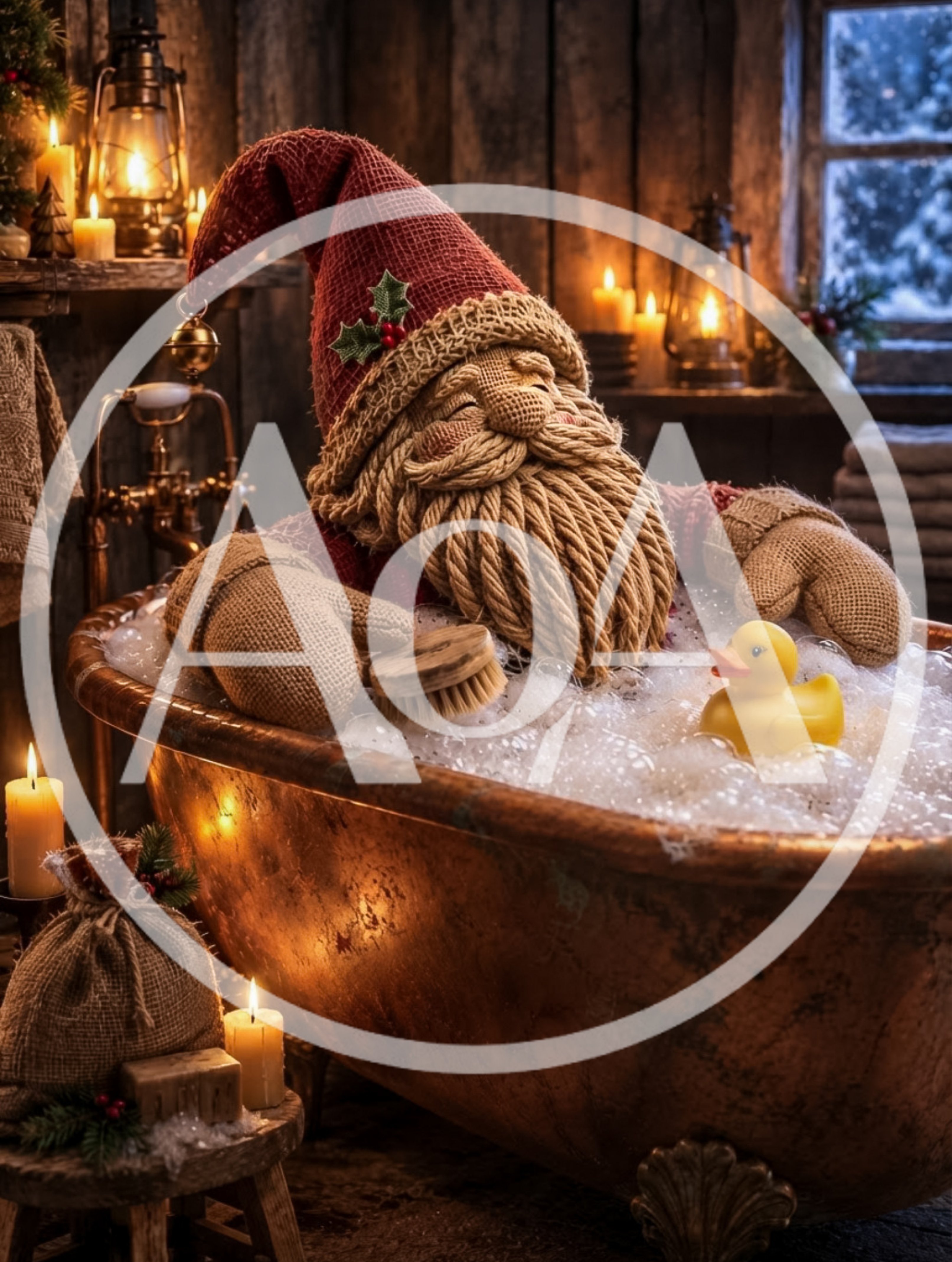 Knitted Santa Claus Relaxing in a Copper Bathtub