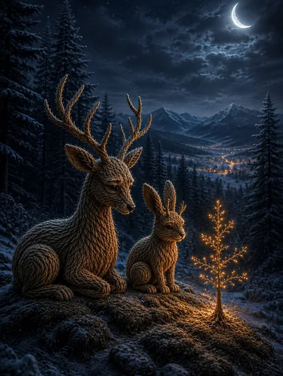 Knitted Deer and Rabbit Figurines in Winter Landscape