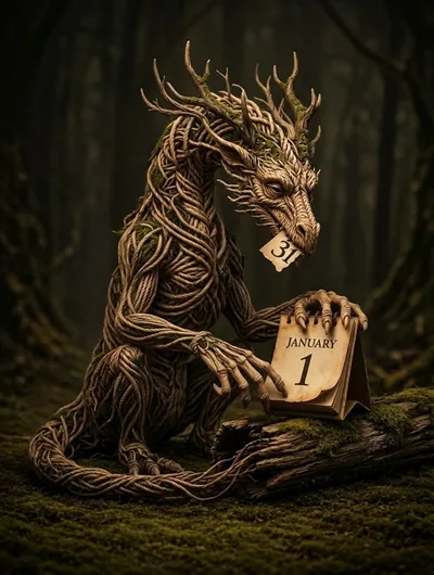 Mythical Tree Dragon Turning Calendar Page To January First