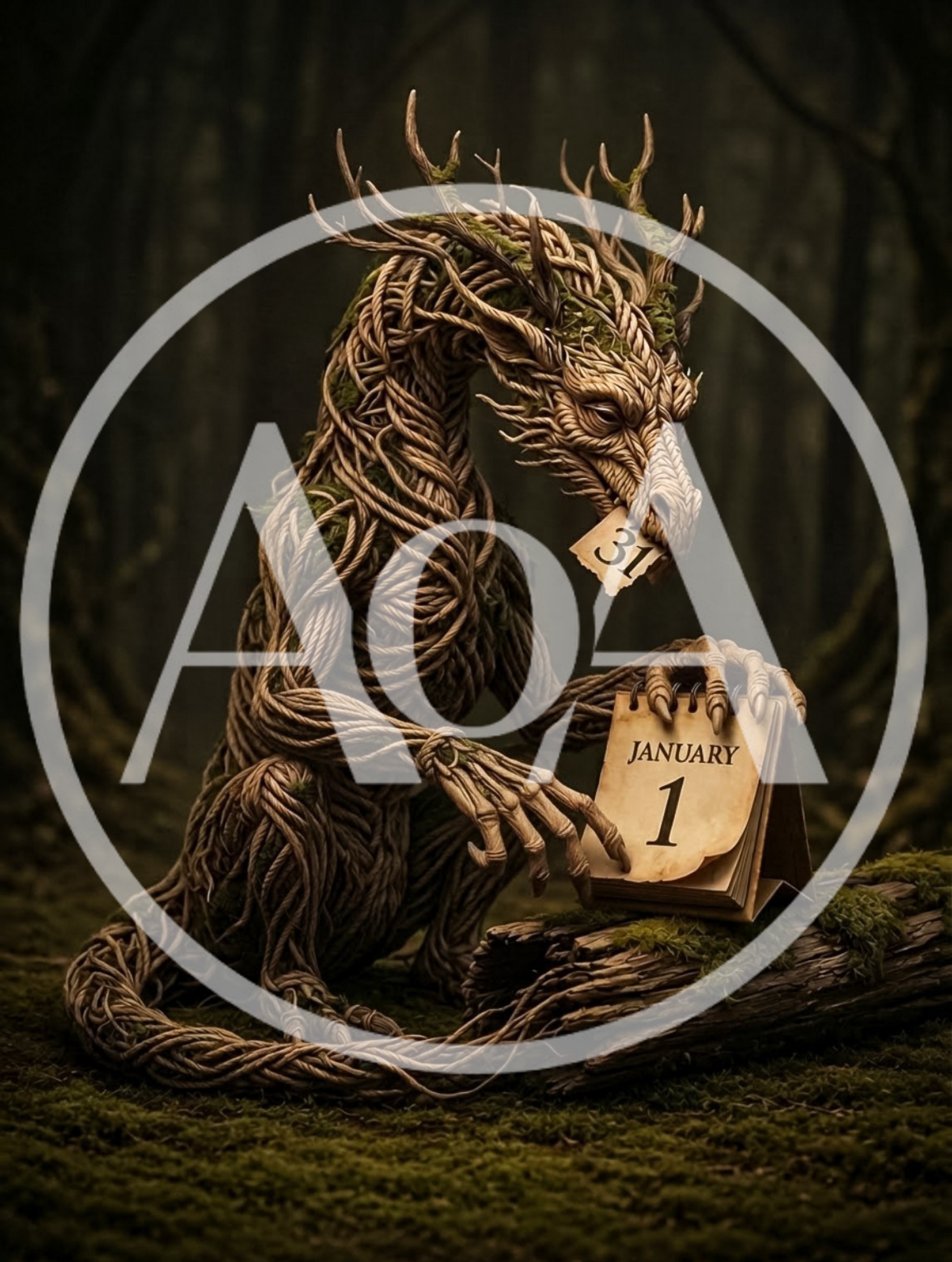 Mythical Tree Dragon Turning Calendar Page To January First