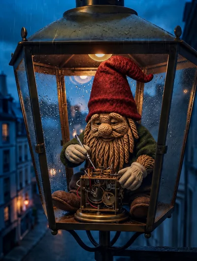 Knitted Gnome Repairing A Clock Inside A Streetlamp