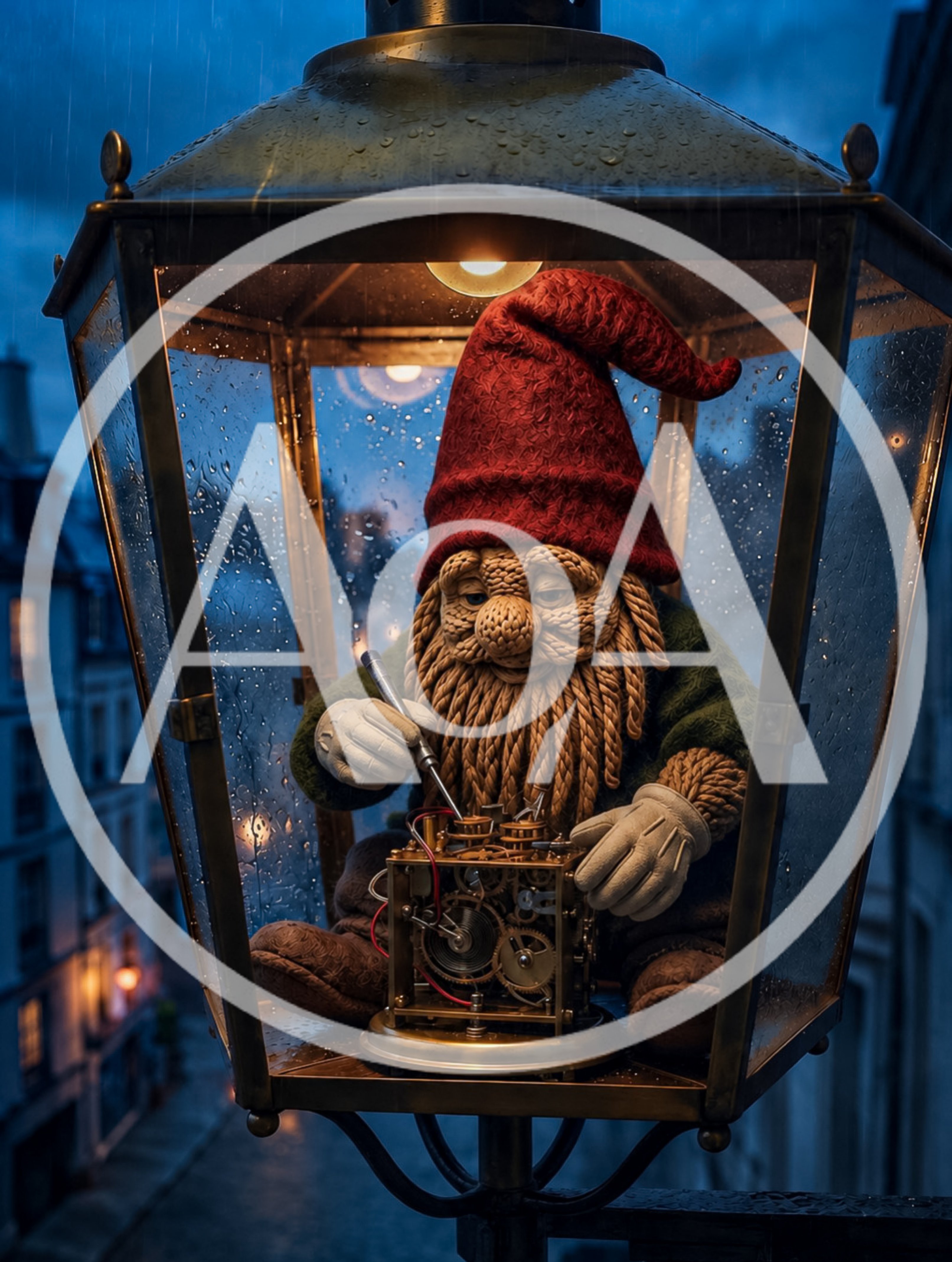 Knitted Gnome Repairing A Clock Inside A Streetlamp