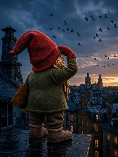 Gnome Standing On Rooftop Watching Birds At Sunset