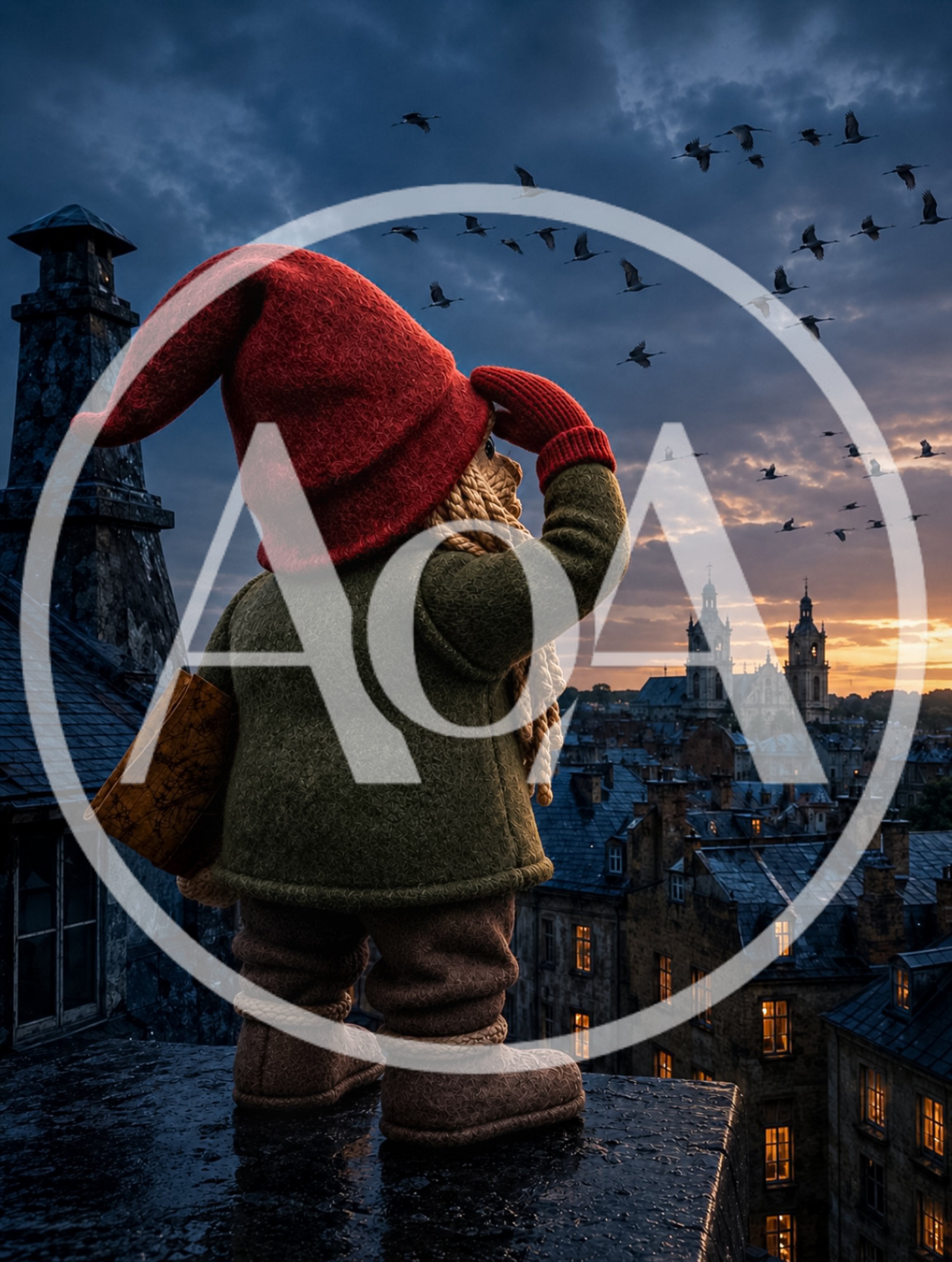 Gnome Standing On Rooftop Watching Birds At Sunset