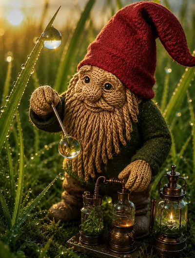 Knitted Gnome Collecting Dew Drops In A Garden