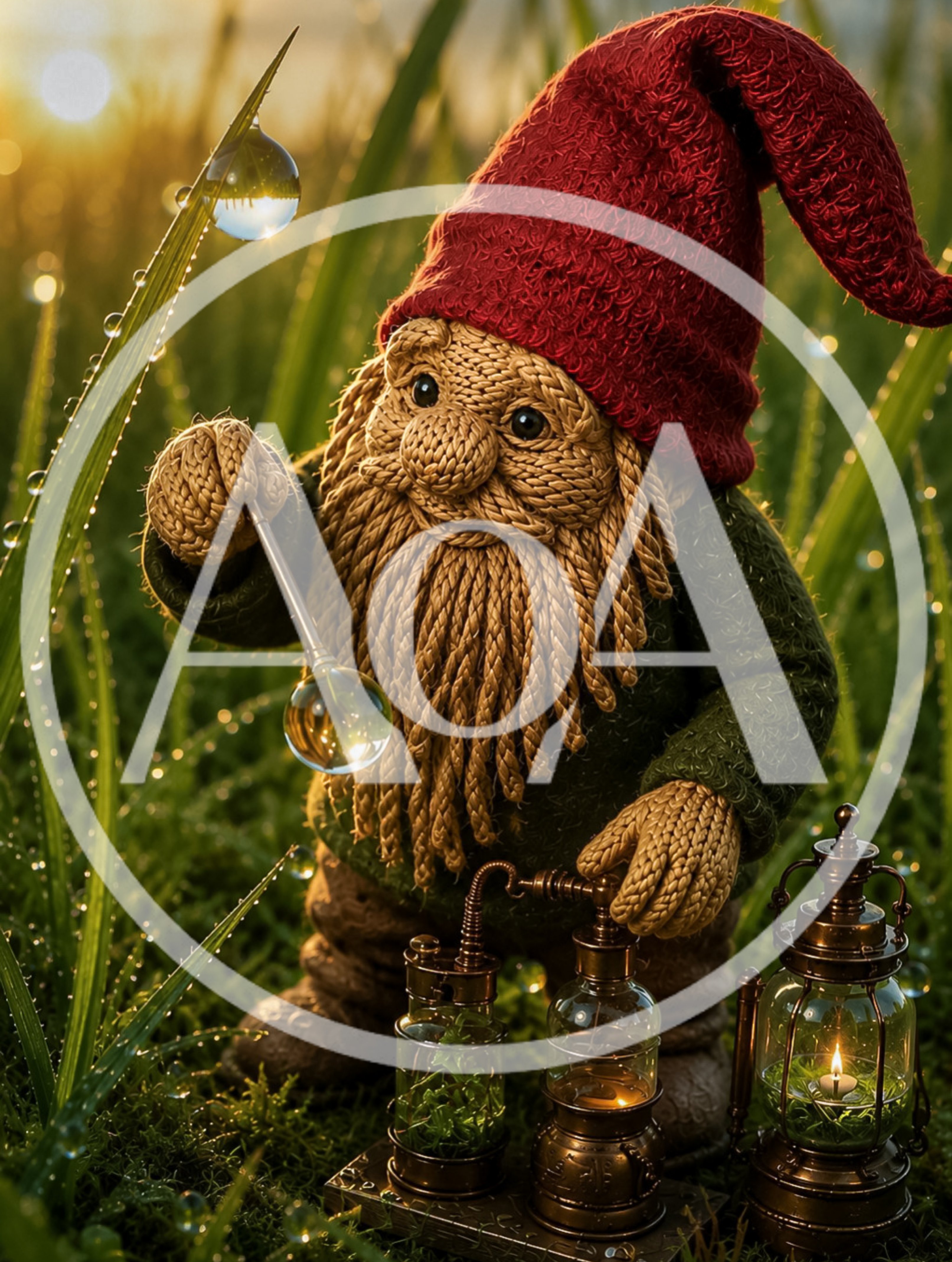 Knitted Gnome Collecting Dew Drops In A Garden