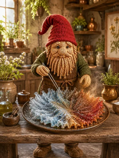 Knitted Gnome Preparing A Colorful Crystal Dish