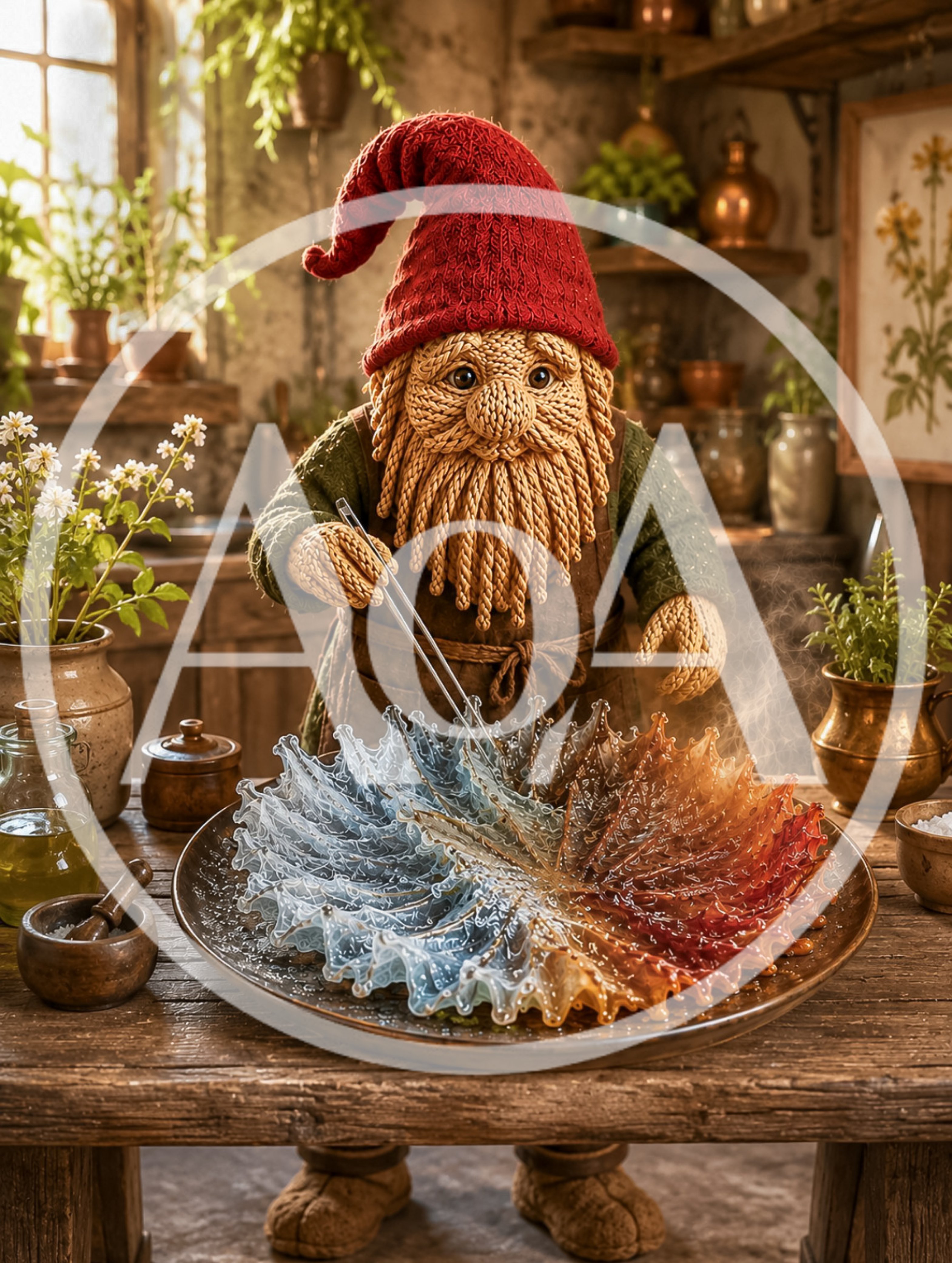 Knitted Gnome Preparing A Colorful Crystal Dish