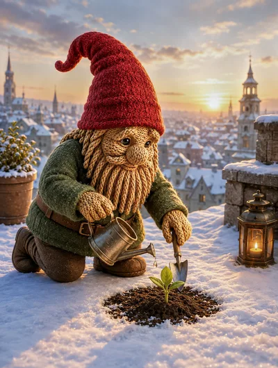 Knitted Gnome Gardening in Snowy Cityscape