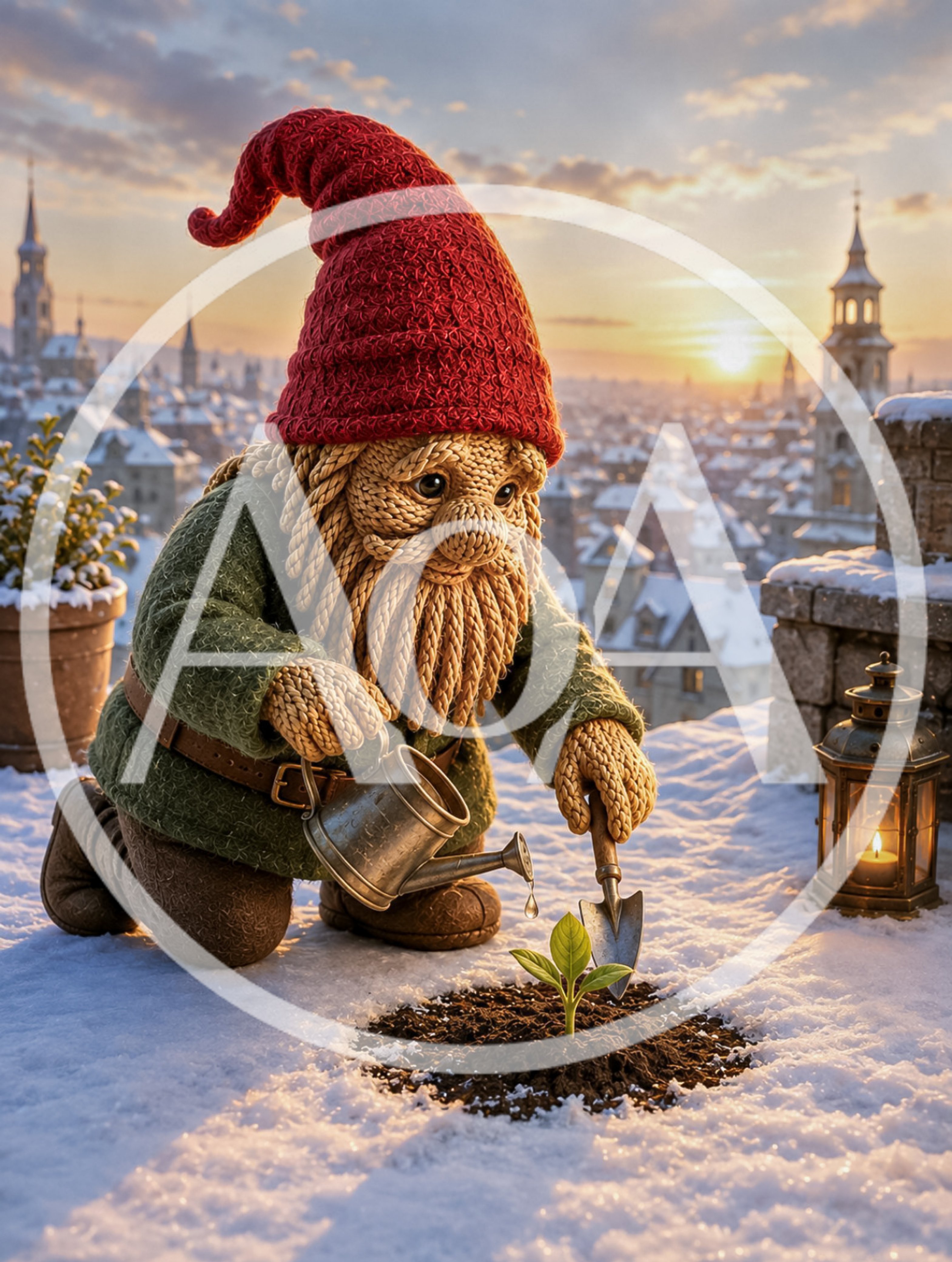 Knitted Gnome Gardening in Snowy Cityscape