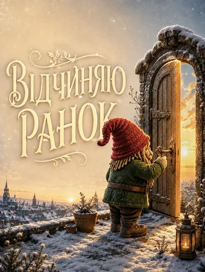 Gnome Opening A Door To A Snowy Sunrise