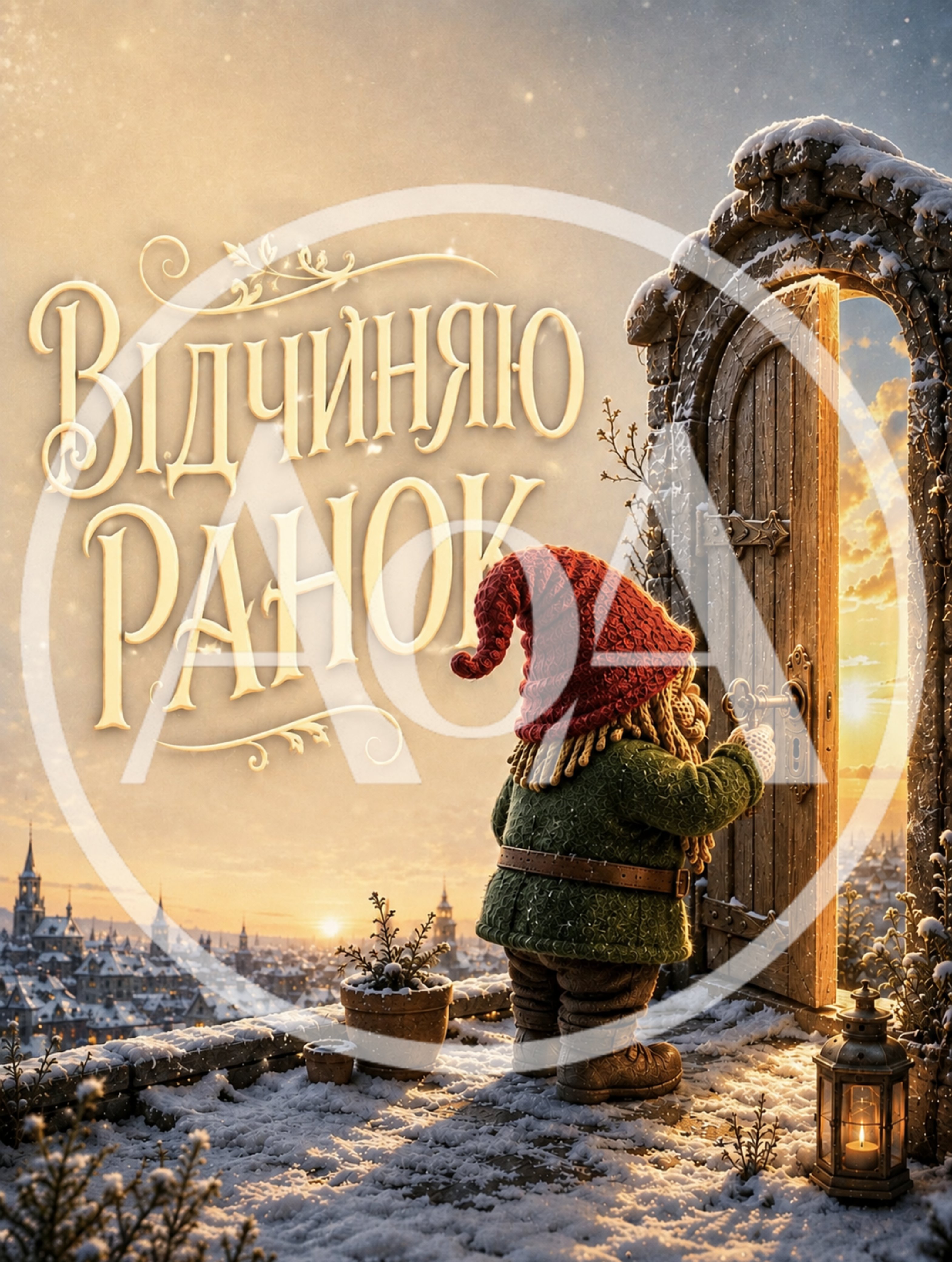 Gnome Opening A Door To A Snowy Sunrise