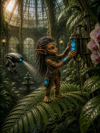 Alien Child Interacting With Futuristic Plant Monitoring Device