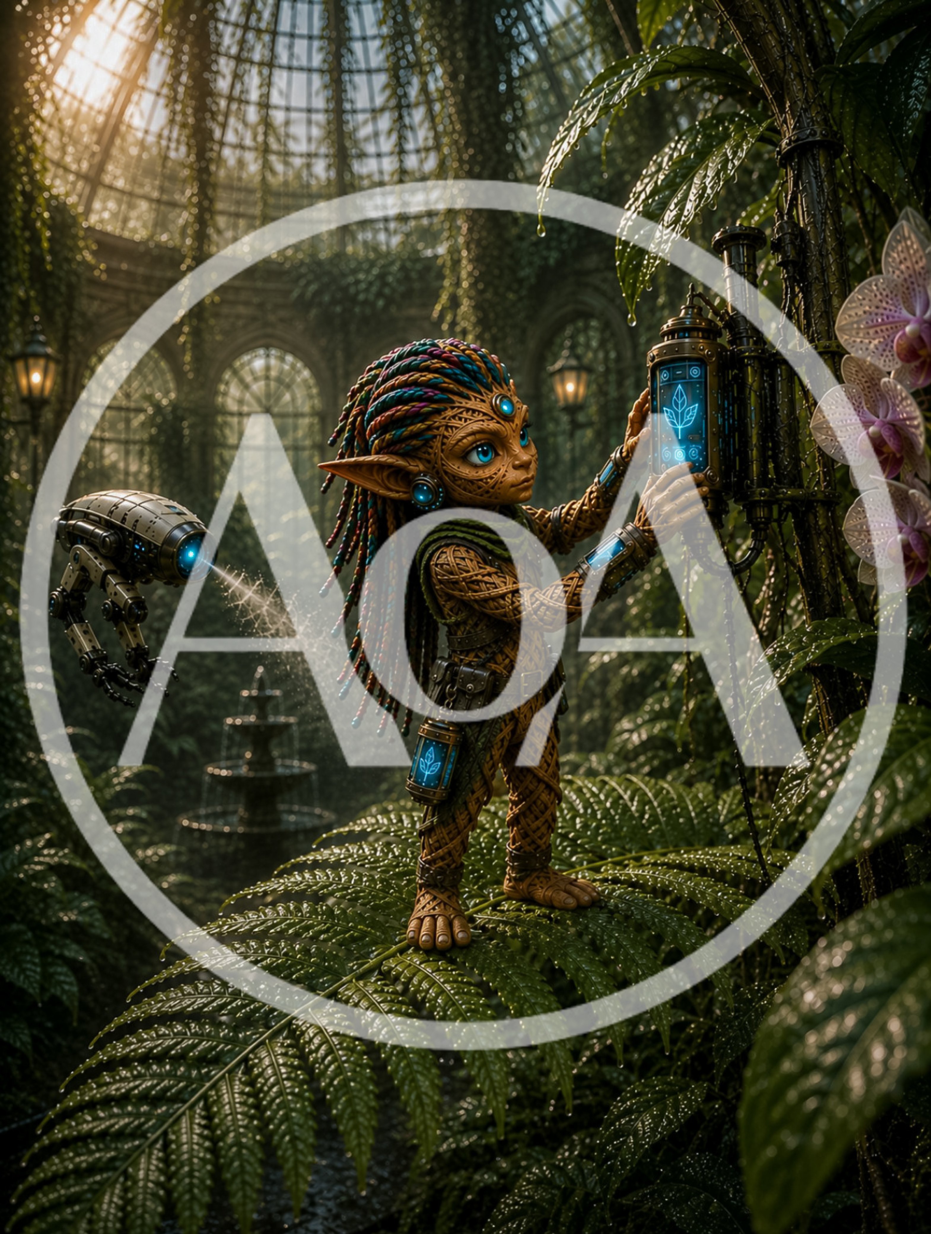 Alien Child Interacting With Futuristic Plant Monitoring Device