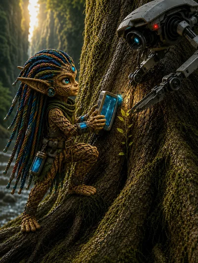 Fantasy Forest Creature Interacting With Robotic Drone