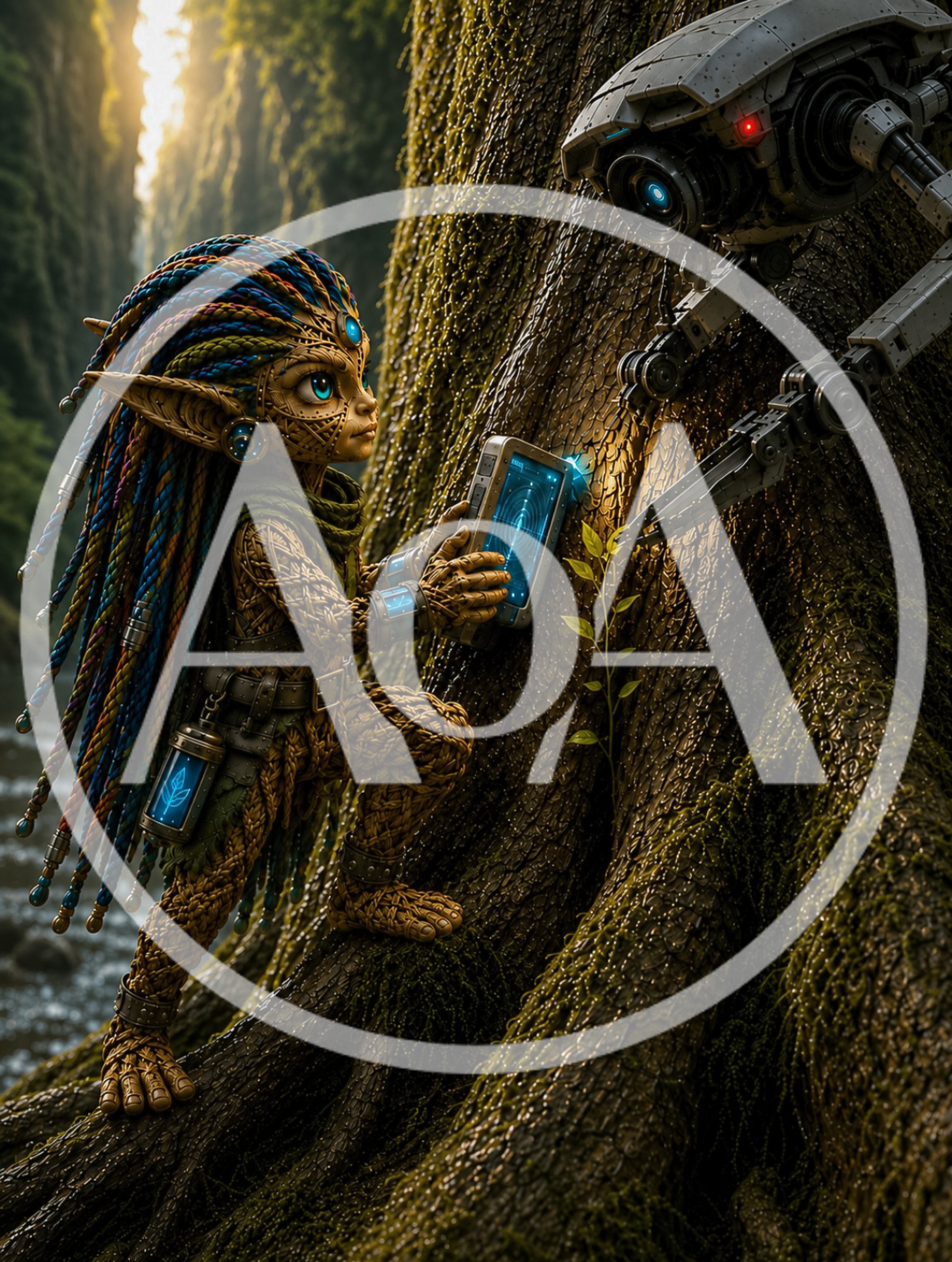 Fantasy Forest Creature Interacting With Robotic Drone