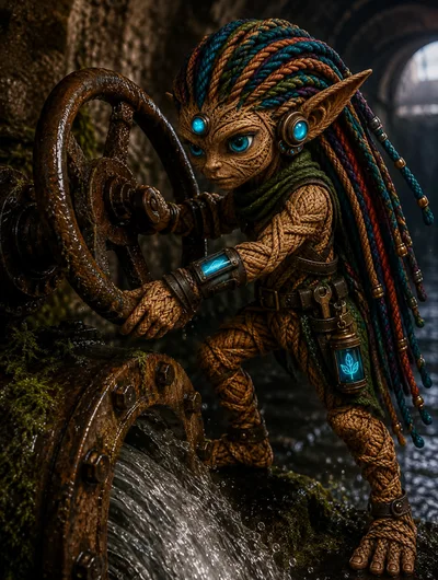 Fantasy Creature Operating A Rusty Industrial Water Valve