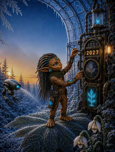 Fantasy Creature Adjusting A Steampunk Time Machine