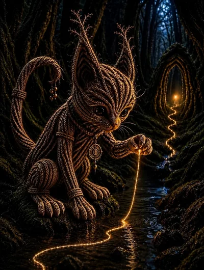 Knitted Cat Creature Holding A Glowing Thread