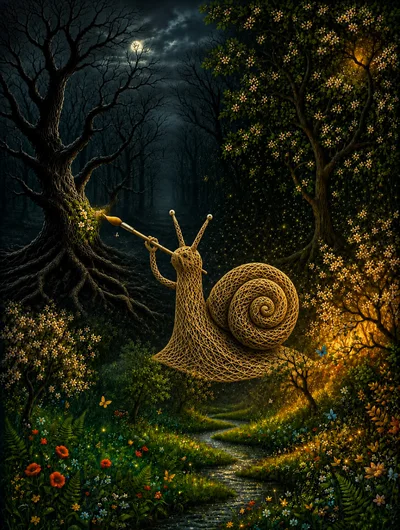 Surreal String Art Snail Painting Flowers On Tree