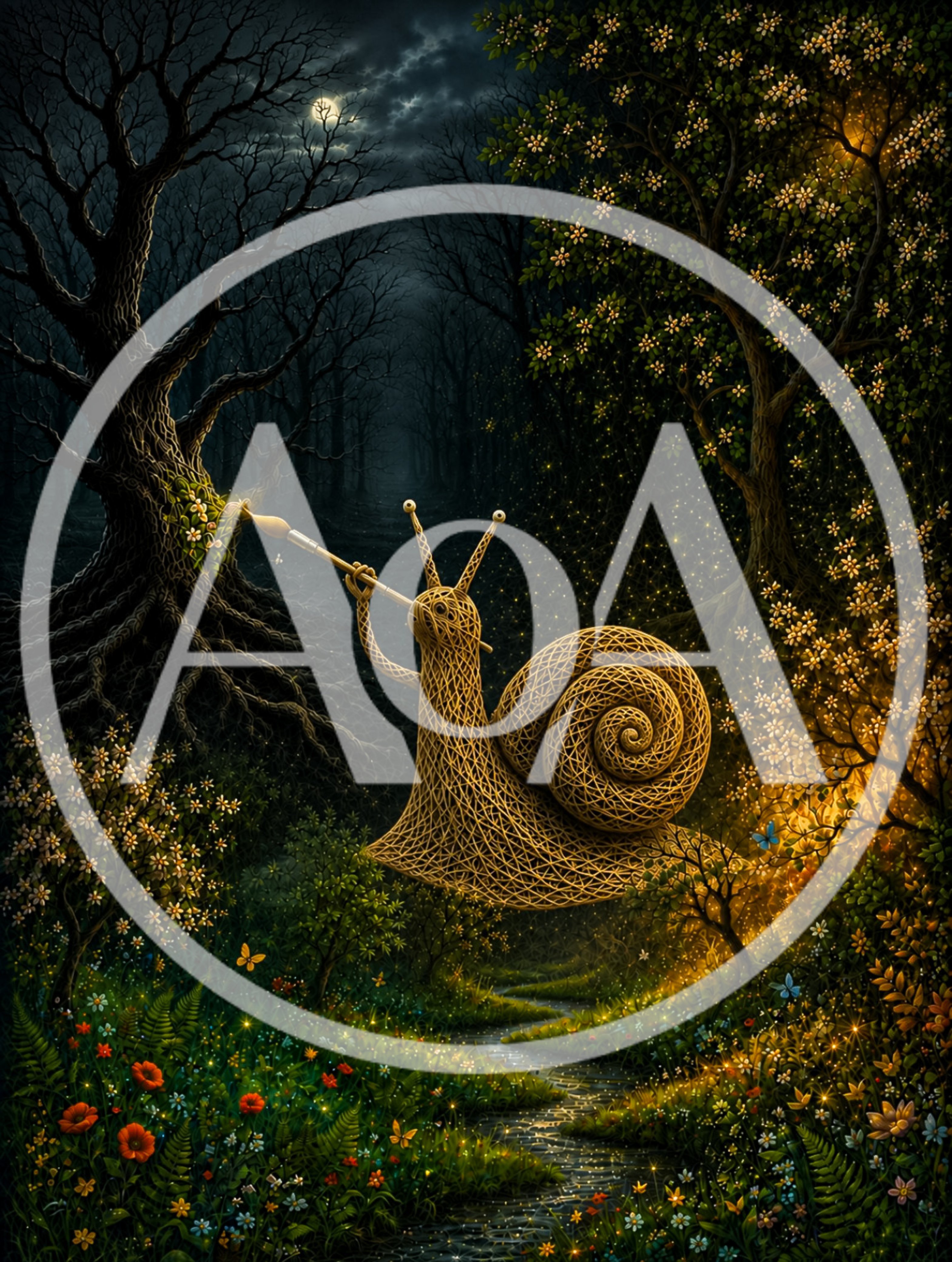 Surreal String Art Snail Painting Flowers On Tree