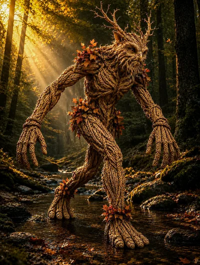 Mythical Tree Creature Walking Through A Forest Stream