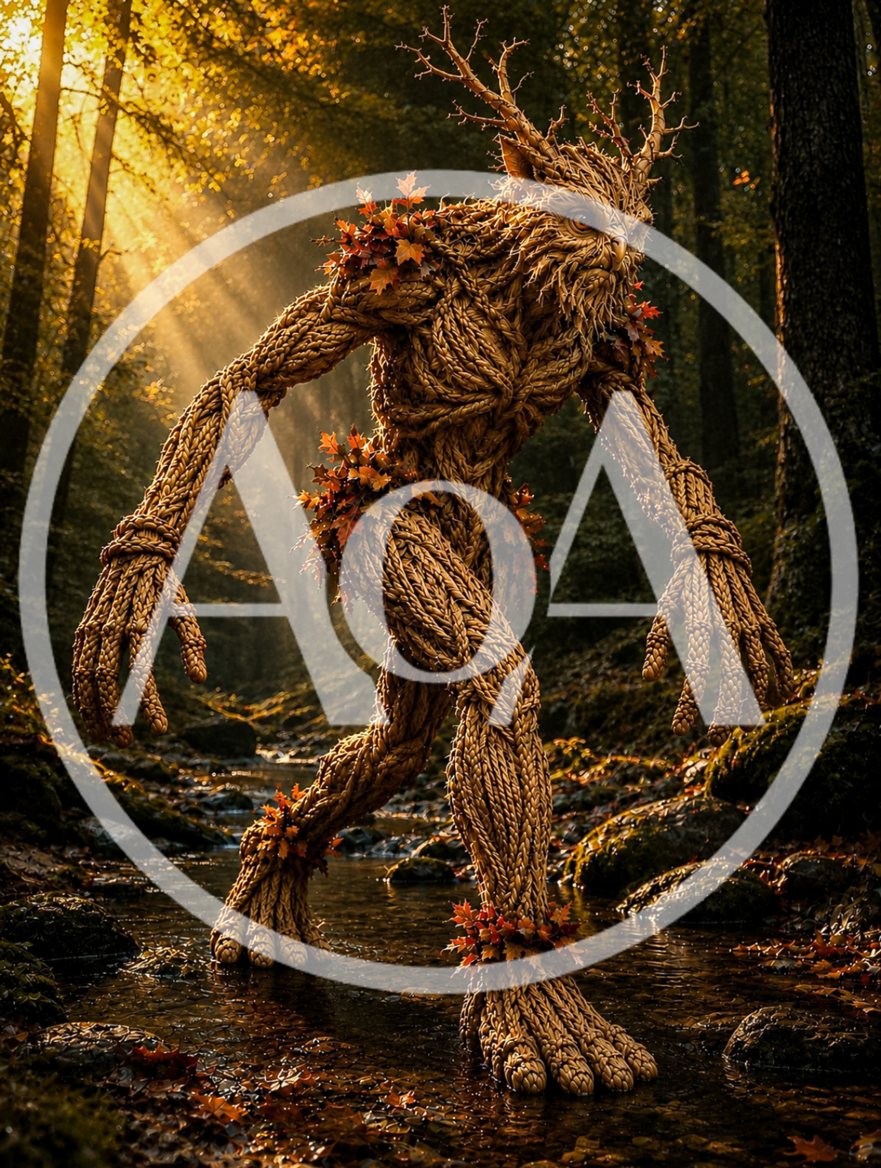 Mythical Tree Creature Walking Through A Forest Stream