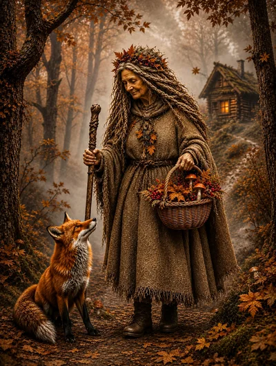Elderly Forest Witch With Fox And Mushroom Basket
