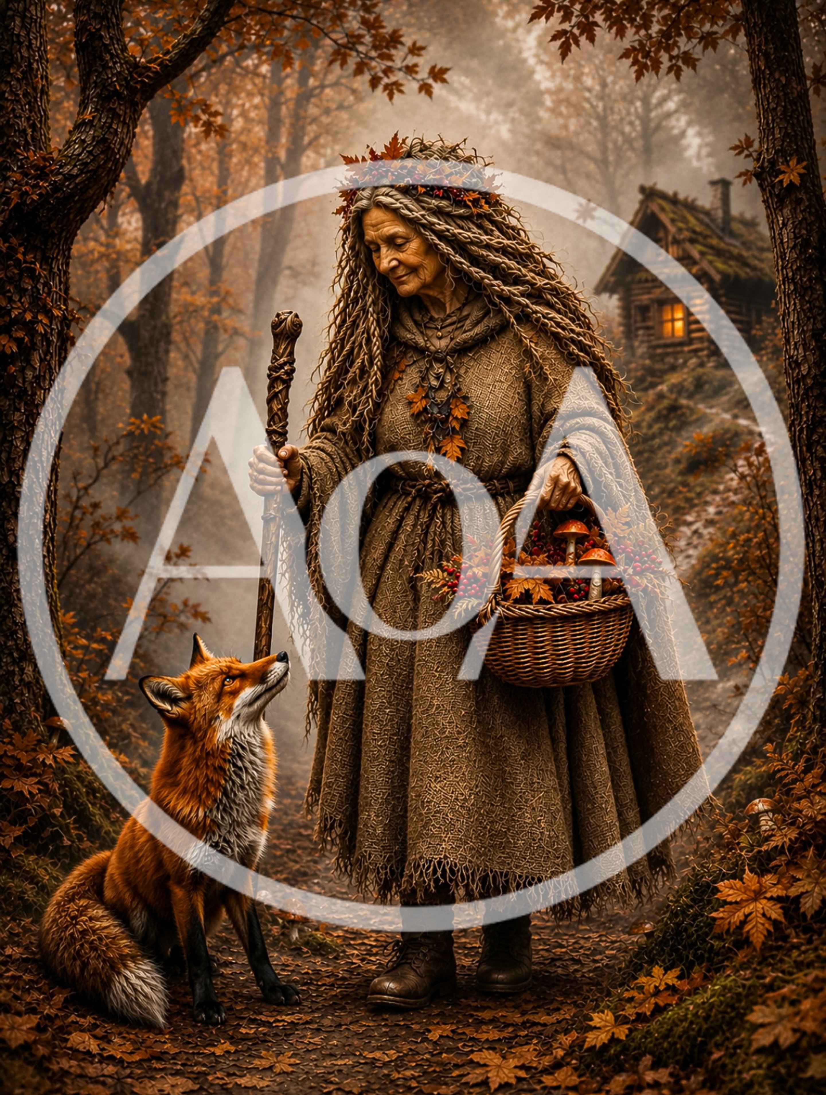 Elderly Forest Witch With Fox And Mushroom Basket