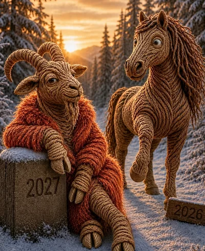 Yarn Crafted Goat and Horse in Snowy Landscape