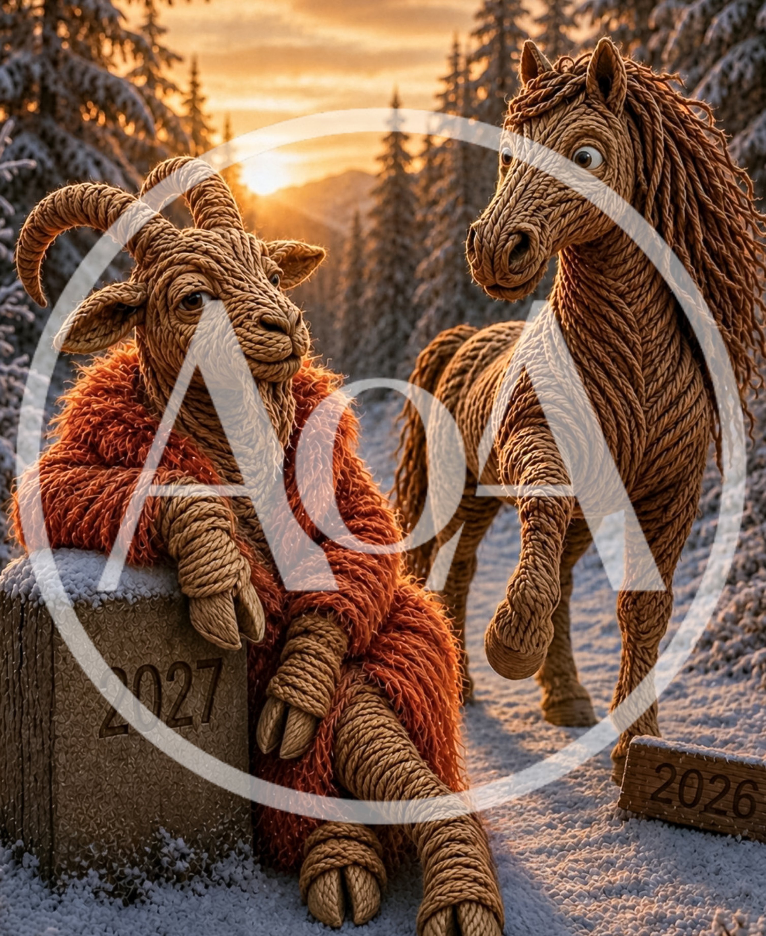 Yarn Crafted Goat and Horse in Snowy Landscape