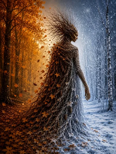 Surreal Forest Spirit Transitioning From Autumn To Winter
