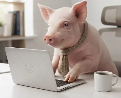 Pig Wearing A Tie Working On A Laptop