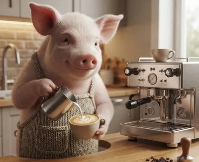 Cute Pig Barista Pouring Latte Art In Kitchen