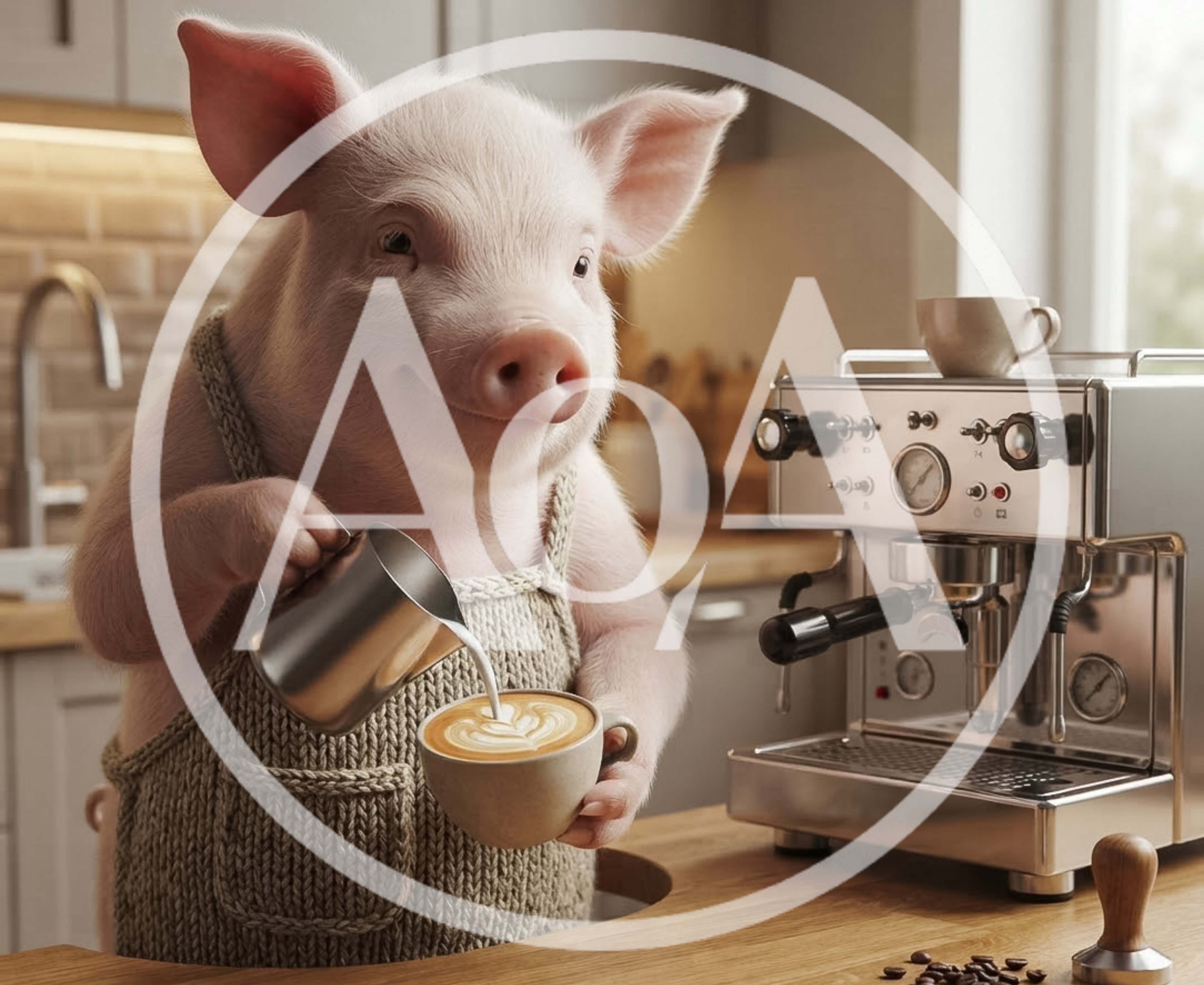 Cute Pig Barista Pouring Latte Art In Kitchen