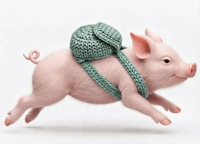 Cute Piglet Wearing A Knitted Green Backpack Running
