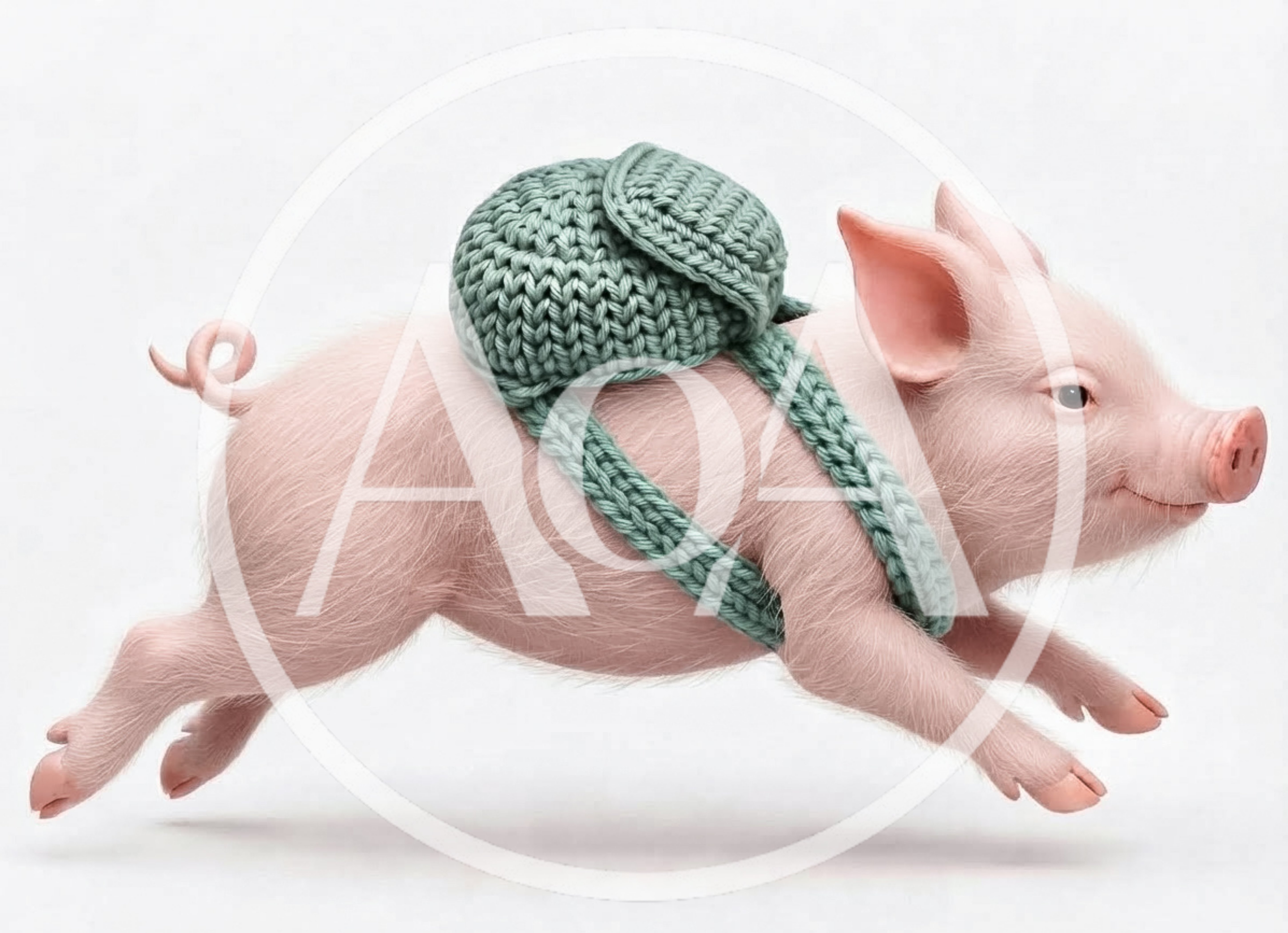 Cute Piglet Wearing A Knitted Green Backpack Running