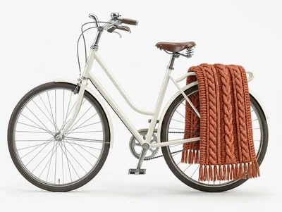 Vintage Cream Bicycle With A Knitted Orange Blanket